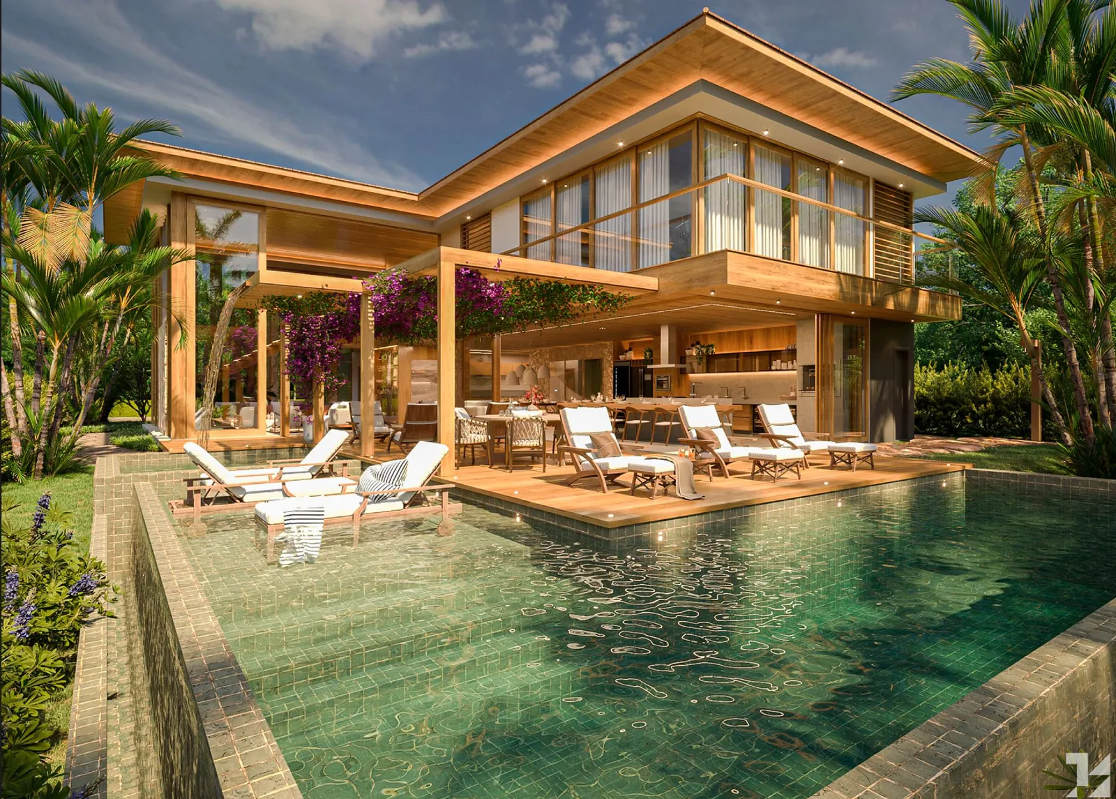 Casa Maré, perspectiva ilustrada da piscina ao entardecer